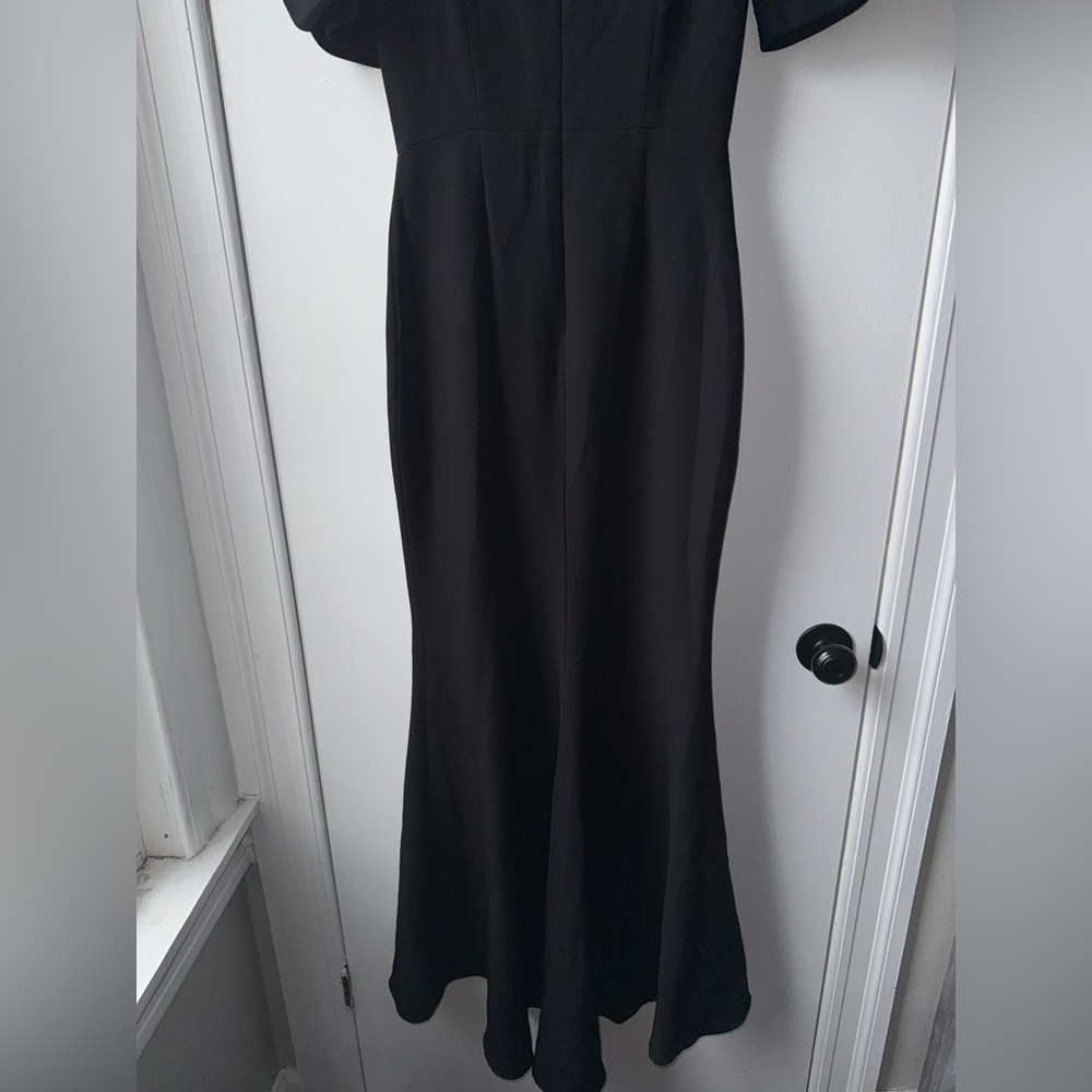 Badgley Mischka Gathered Crepe Black V-Neck Maxi Gown Statement Puff Sleeves - Picture 9 of 16